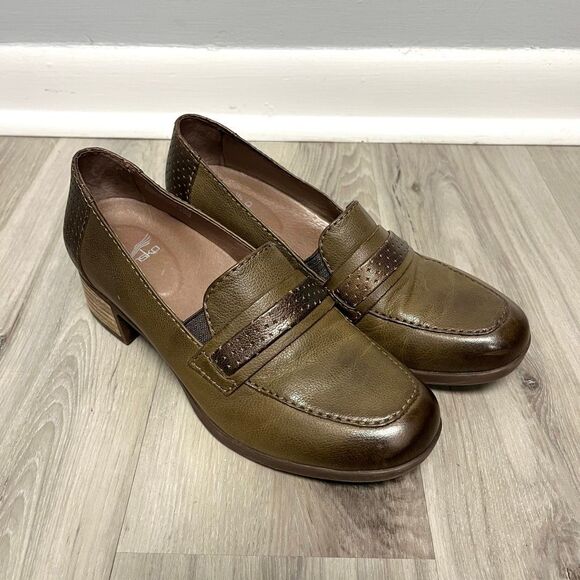 Dansko Heels Women’s 38 Lila Taupe Brown Leather Burnished Nappa Block Loafer - Picture 1 of 8